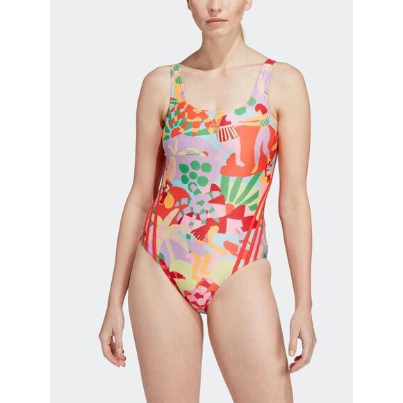Adidas X Farm Rio Three Stripe Multicolor One Piece Swimsuit - Size 14 (NWT) - Picture 2 of 7